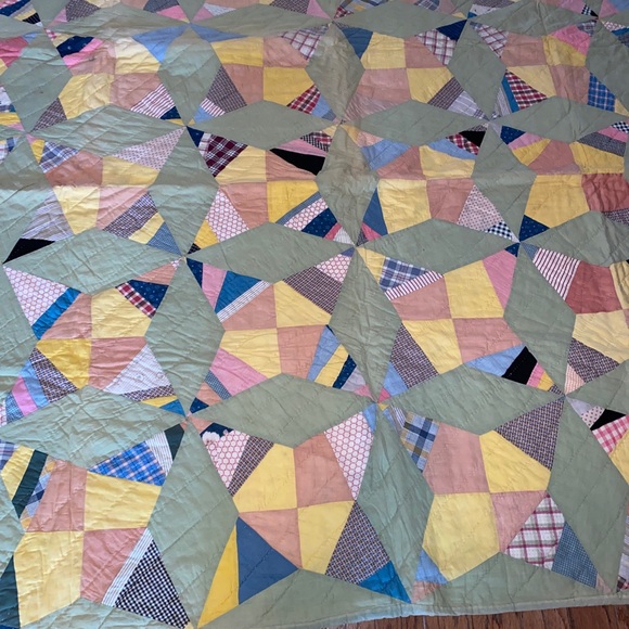 Vintage 1930-40s Handmade Feed Sack  GRANDMA'S FLOWER GARDEN QUILT 80”x67” - Picture 7 of 16